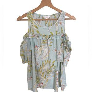 Lauren Conrad Tropical top cold shoulder women Medium Ruffle Blue and Yellow